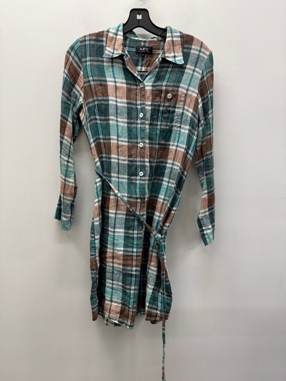 A.P.C. Teal, Brown & White Plaid Button-Down Dresses